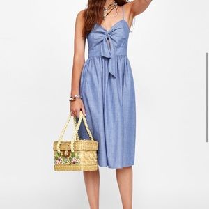 Zara Denim Chambray Tie Front Midi Dress Sundress - Blogger Favorite!